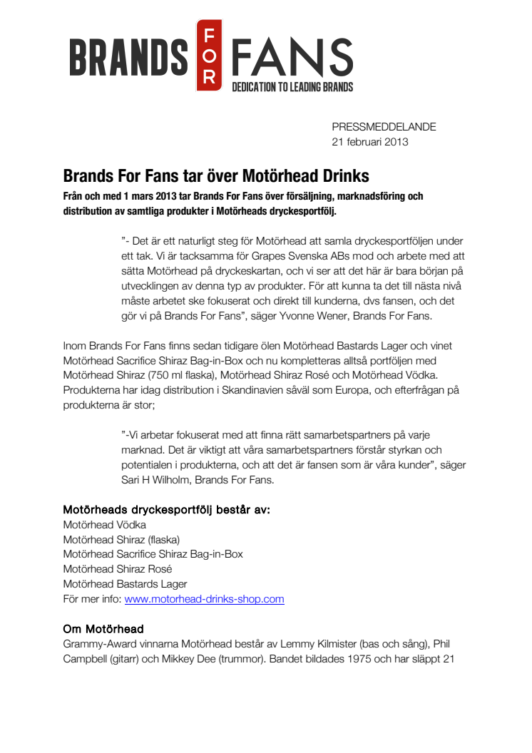 Brands For Fans tar över Motörhead Drinks