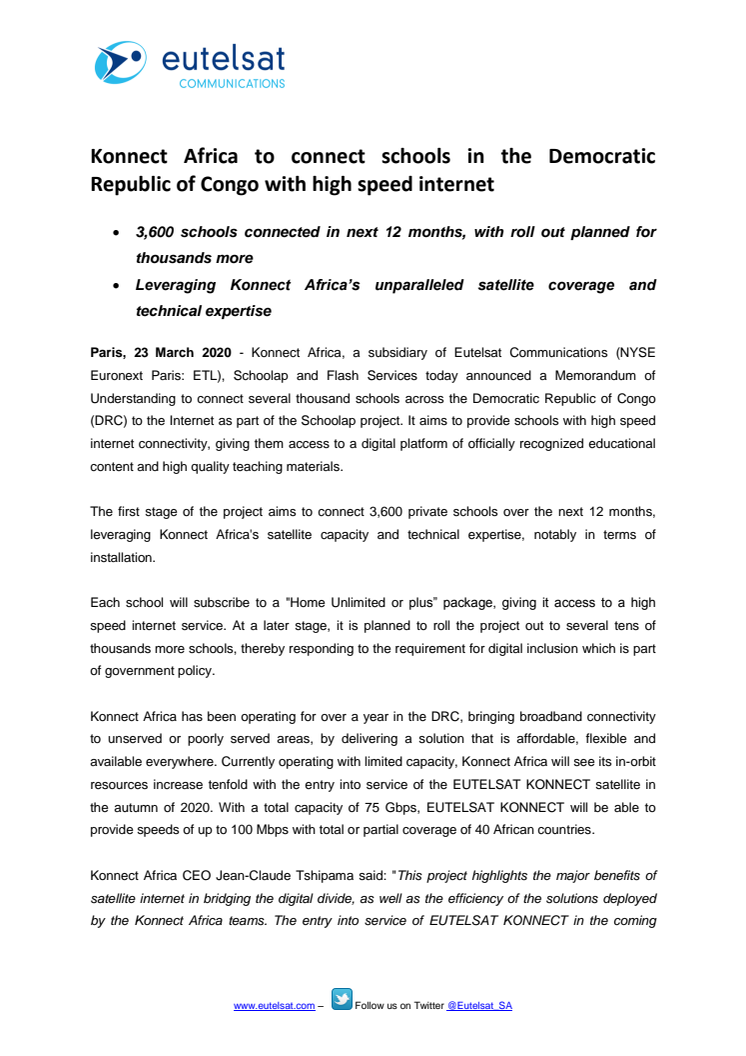 Konnect Africa to connect schools in the Democratic Republic of Congo with high speed internet