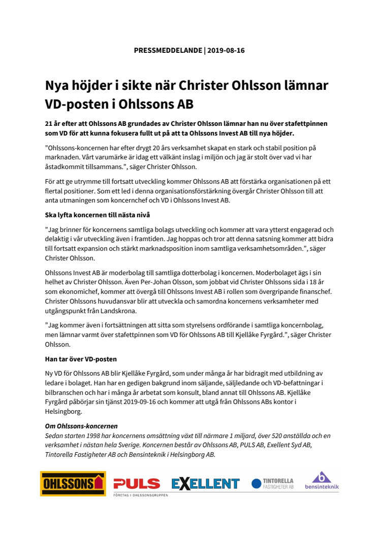 Nya höjder i sikte när Christer Ohlsson lämnar VD-posten i Ohlssons AB