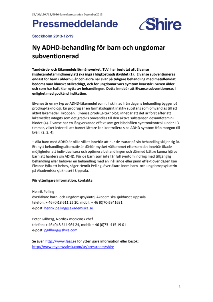 Elvanse (lisdexamfetamindimesylat) - ny ADHD-behandling för barn och ungdomar subventionerad