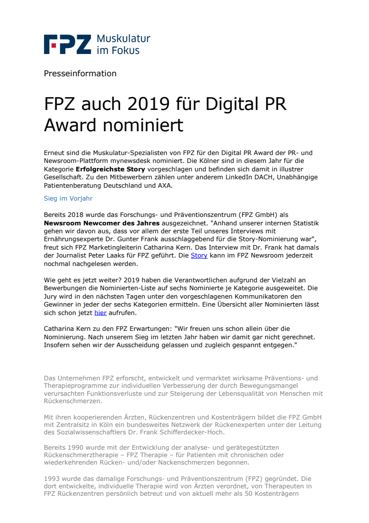 FPZ auch 2019 für Digital PR Award nominiert