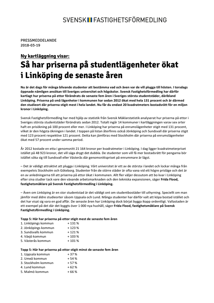 Ny kartläggning visar: Så har priserna på studentlägenheter ökat  i Linköping de senaste åren