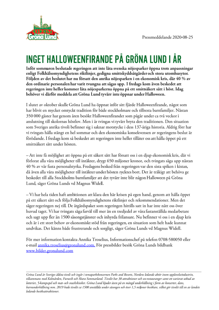 Inget Halloweenfirande på Gröna Lund i år