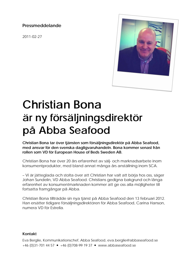 Christian Bona är ny försäljningsdirektör på Abba Seafood