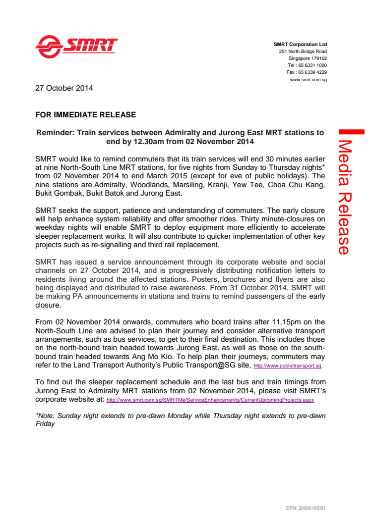 Reminder: Train services between Admiralty and Jurong East MRT stations to end by 12.30am from 02 November 2014