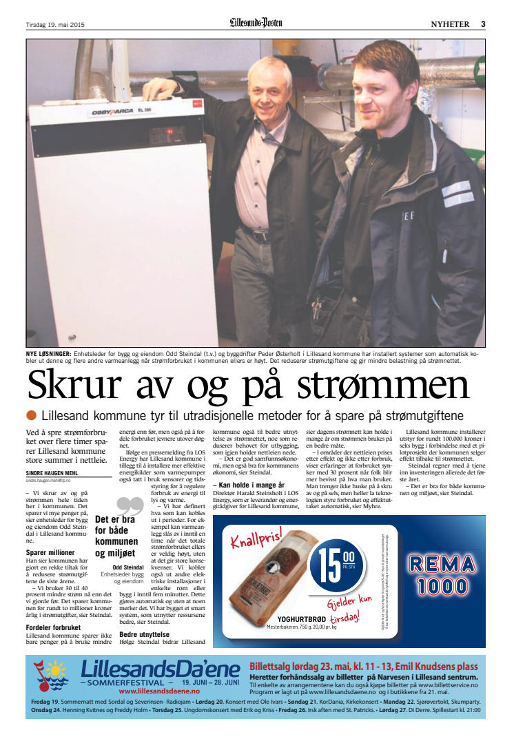 Presseklipp fra Lillesand-Posten 19.05.2015 - Sparer på stadig å skru av og på strømmen