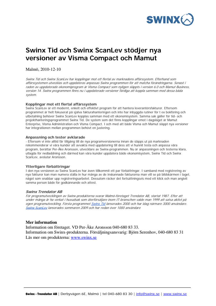 Swinx Tid och Swinx ScanLev stödjer nya versioner av Visma Compact och Mamut
