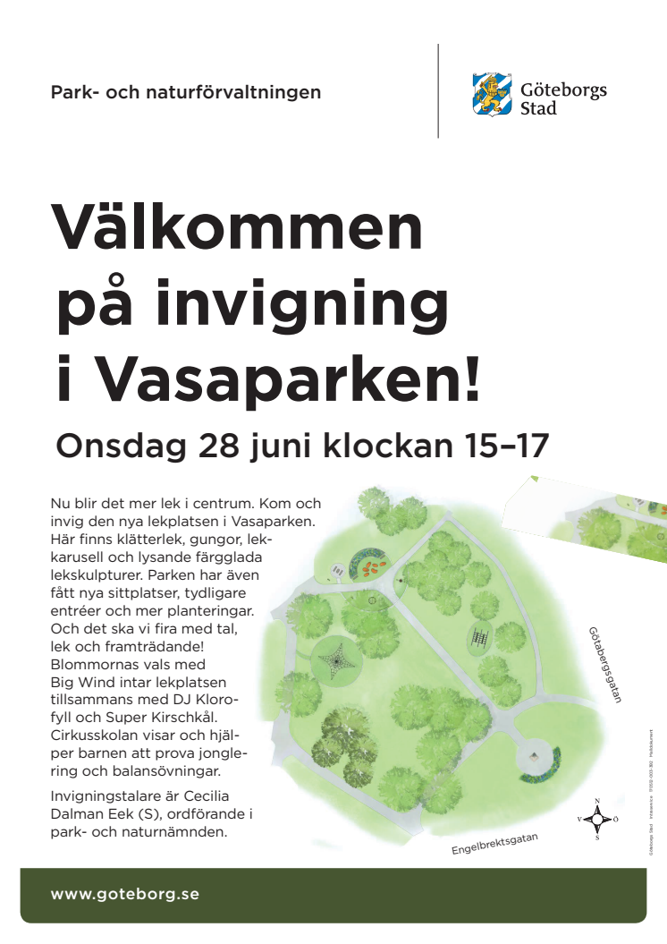 Inbjudan/affisch för invigning av Vasaparkens lekplats 26 juni