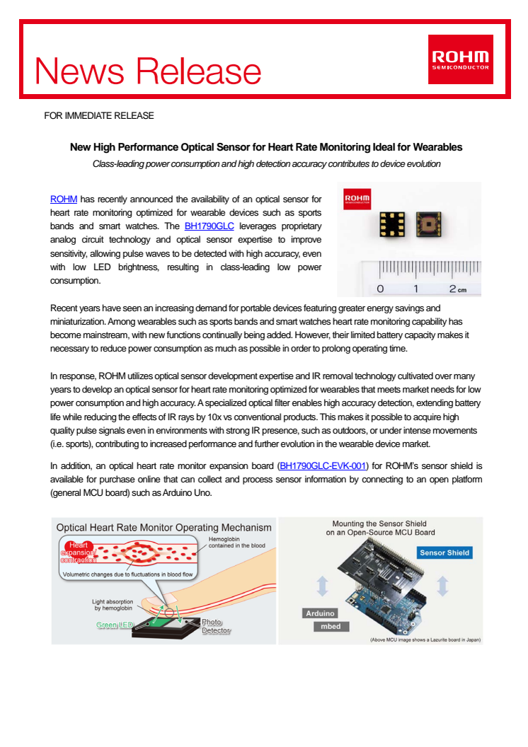 New High Performance Optical Sensor for Heart Rate Monitoring Ideal for Wearables---Class-leading power consumption and high detection accuracy contributes to device evolution