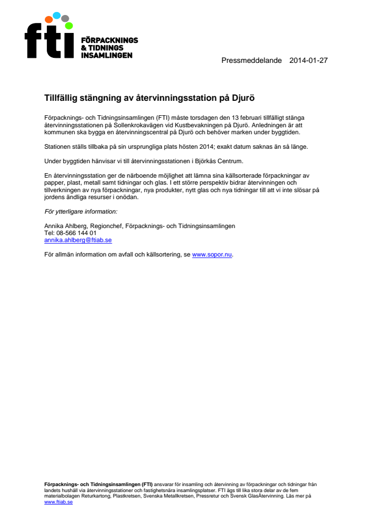 Tillfällig stängning av återvinningsstation på Djurö
