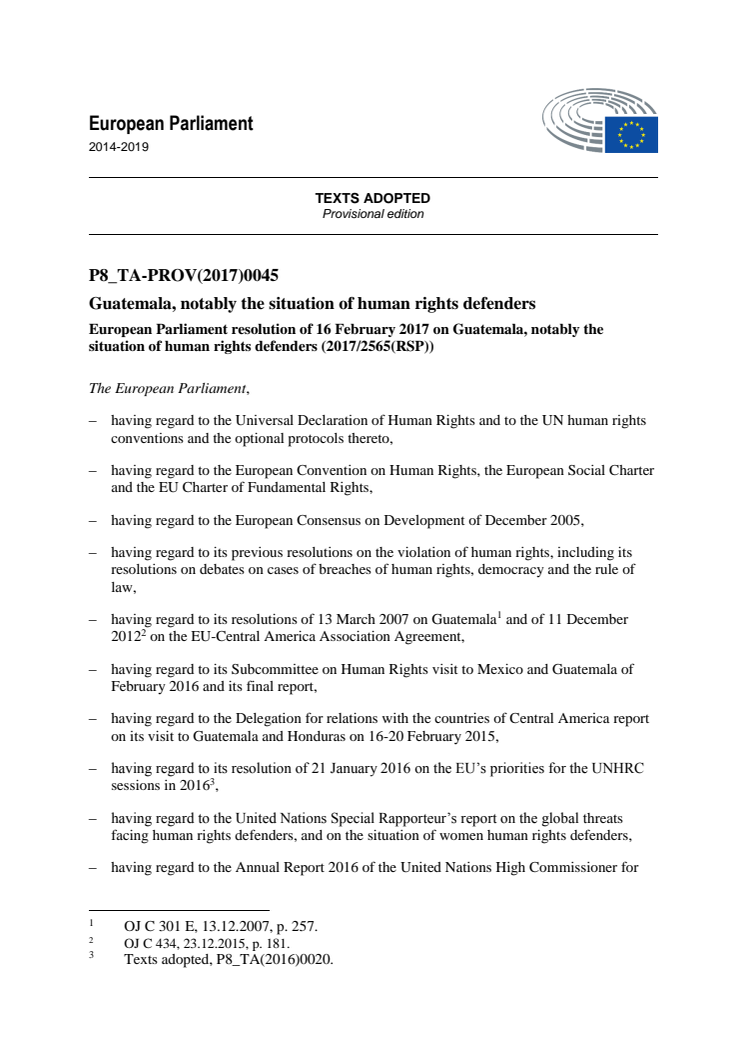 EU:s resolution om situationen för MR-försvarare i Guatemala