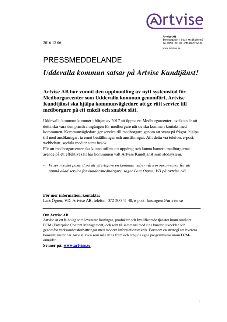 Uddevalla kommun satsar på Artvise Kundtjänst!