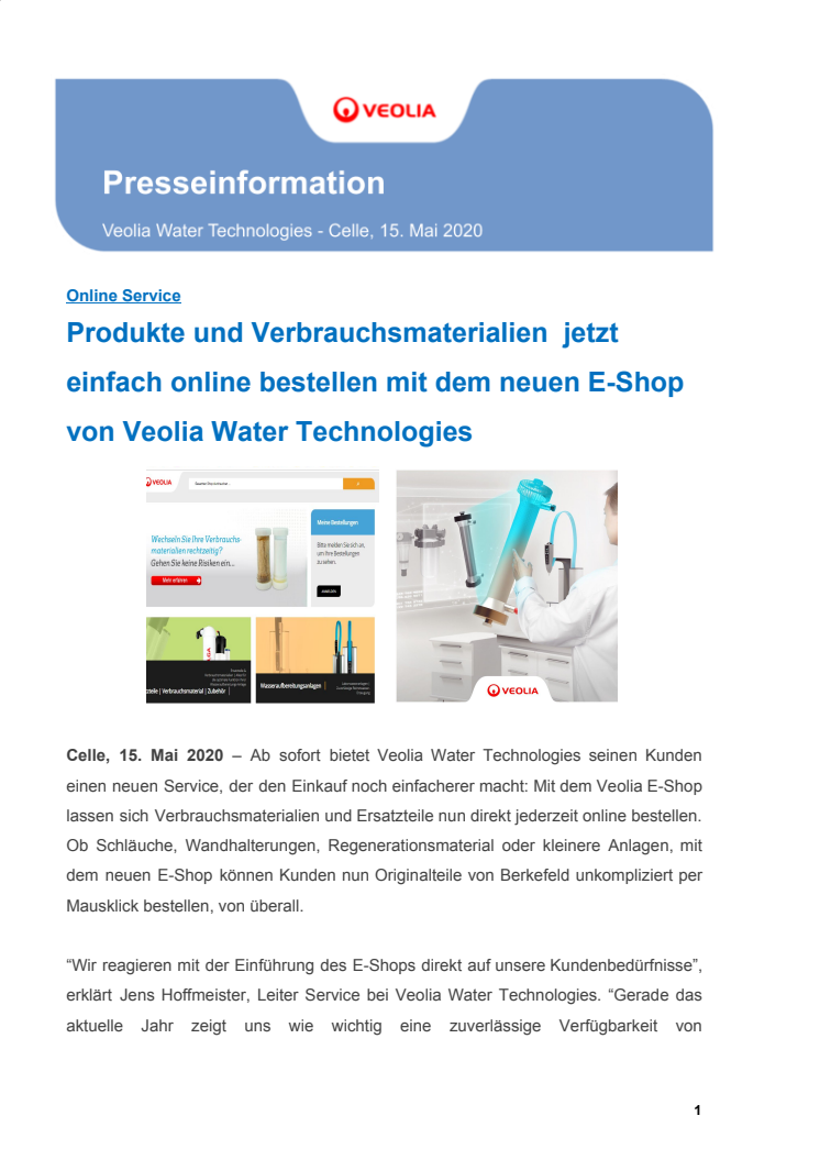 Produkte und Verbrauchsmaterialien  jetzt einfach online bestellen mit dem neuen E-Shop von Veolia Water Technologies