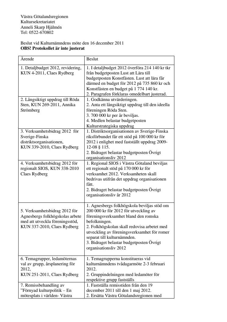 Snabbprotokoll från kulturnämndens sammanträde 16 december 2011