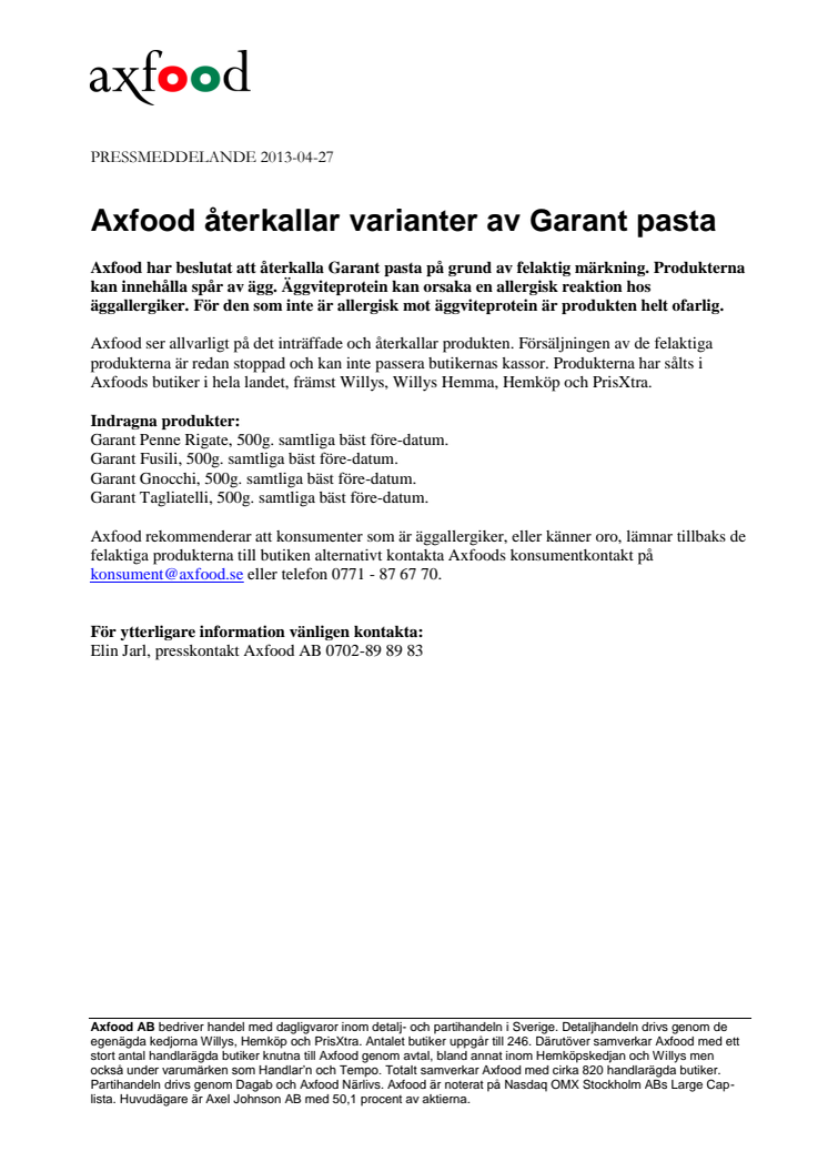 Axfood återkallar varianter av Garant pasta