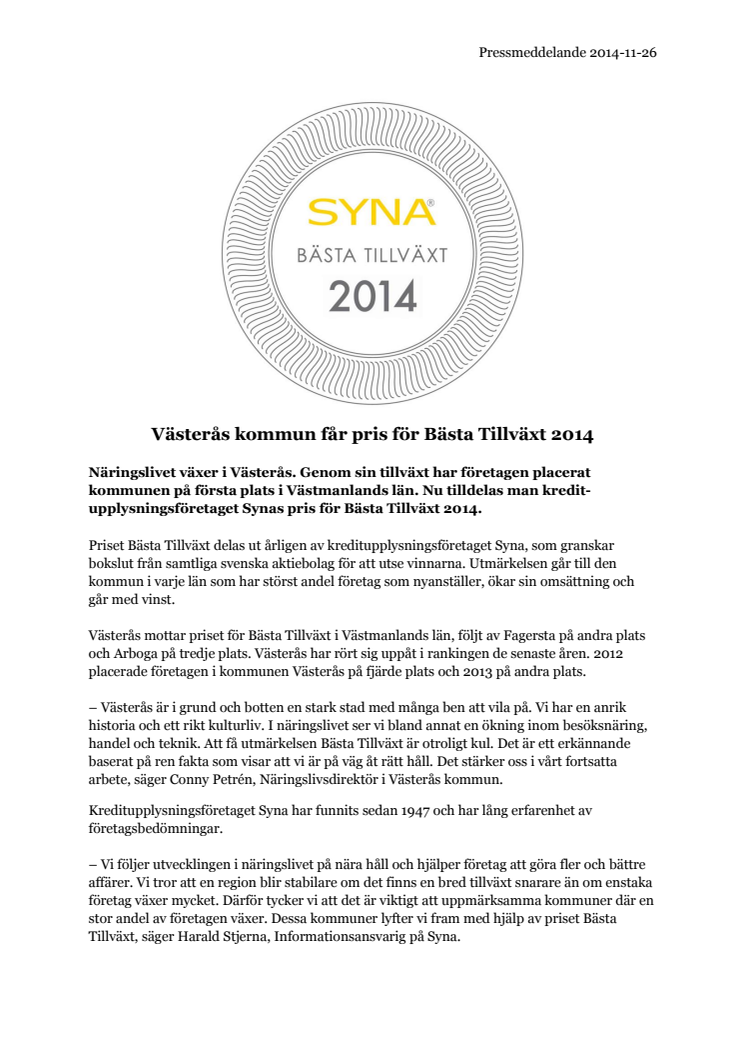 ​Västerås kommun får pris för Bästa Tillväxt 2014