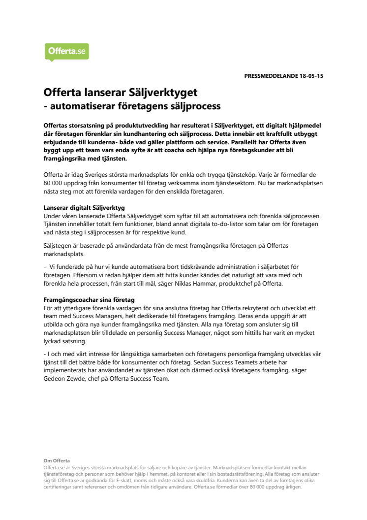 Offerta lanserar Säljverktyget  - automatiserar företagens säljprocess