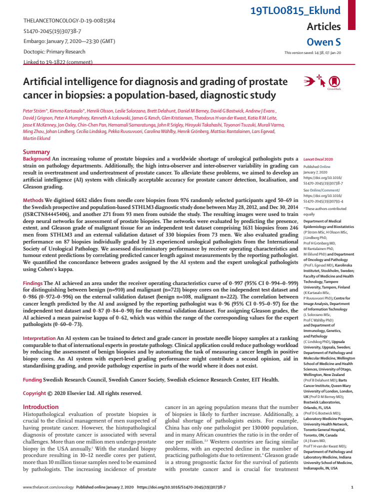 Artificial intelligence for diagnosis and grading of prostate cancer in biopsies: a population-based, diagnostic study