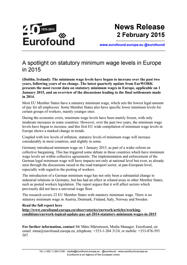 A spotlight on statutory minimum wage levels in Europe in 2015