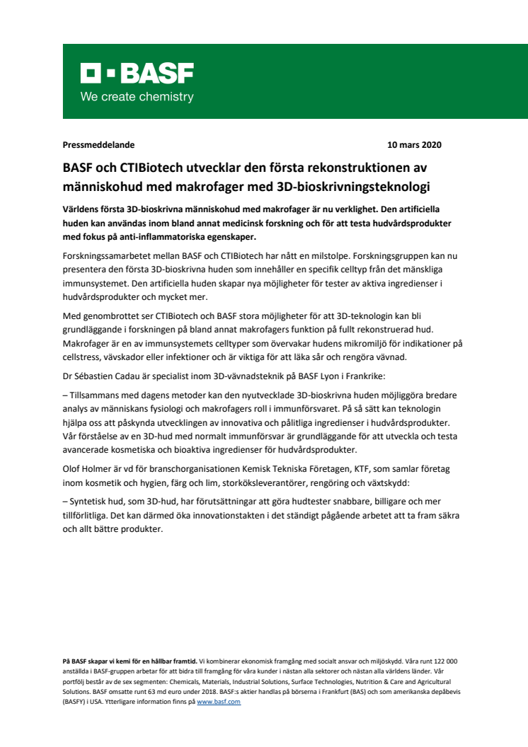 BASF och CTIBiotech utvecklar den första rekonstruktionen av människohud med makrofager med 3D-bioskrivningsteknologi