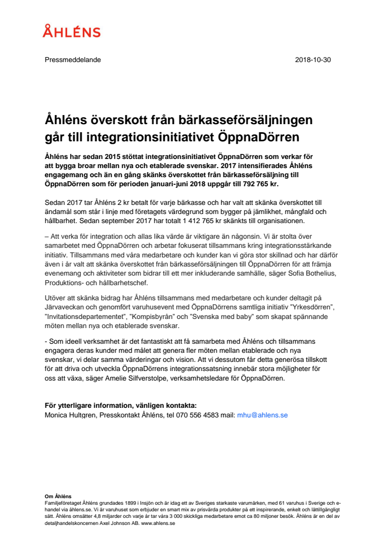 Åhléns överskott från bärkasseförsäljningen går till integrationsinitiativet ÖppnaDörren