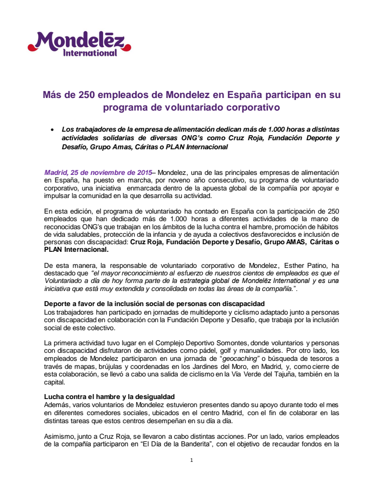 Más de 250 empleados de Mondelez en España participan en su programa de voluntariado corporativo