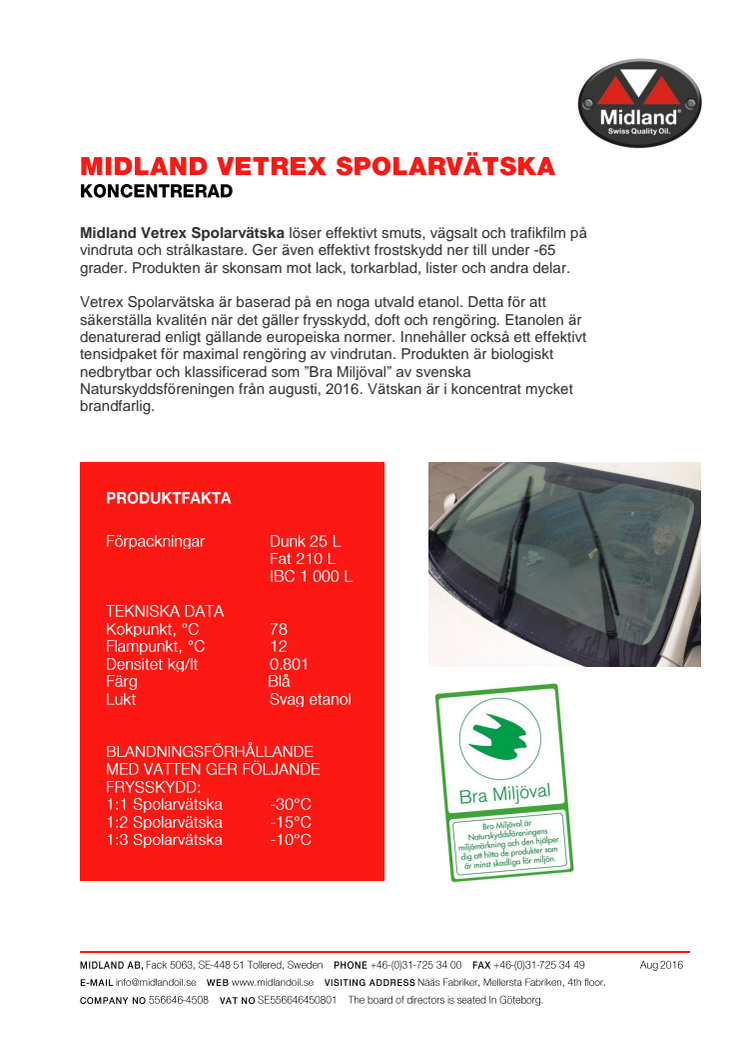 Midland Vetrex Spolarvätska nu bra miljöval - godkänd av svenska Naturskyddsföreningen.