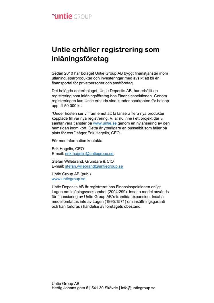 Untie erhåller registrering som inlåningsföretag