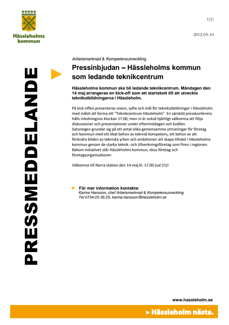 Pressinbjudan: Hässleholms kommun som ledande teknikcentrum