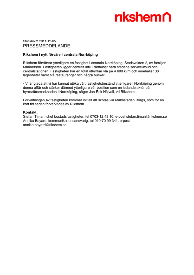 Rikshem i nytt förvärv i centrala Norrköping