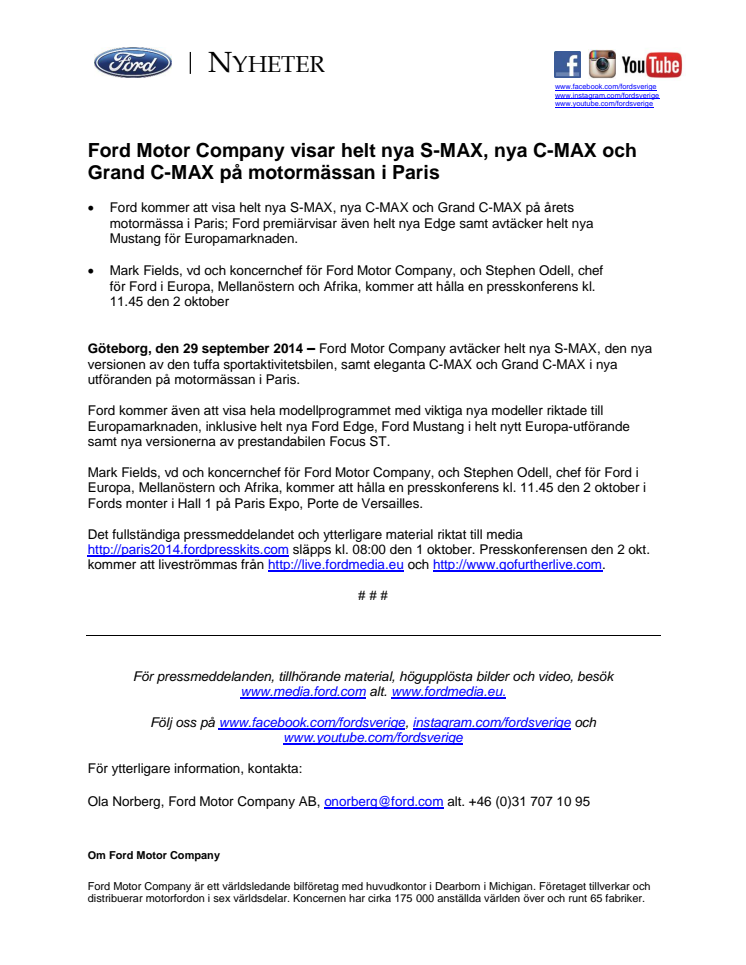 Ford Motor Company visar helt nya S-MAX, nya C-MAX och Grand C-MAX på motormässan i Paris