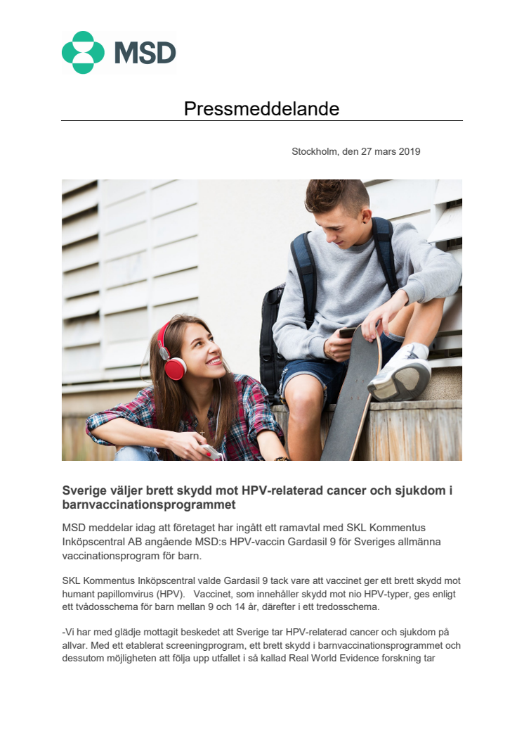 Sverige väljer brett skydd mot HPV-relaterad cancer och sjukdom i barnvaccinationsprogrammet