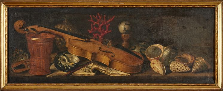 Still life with violin and shells on a ledge by Jacques Linard