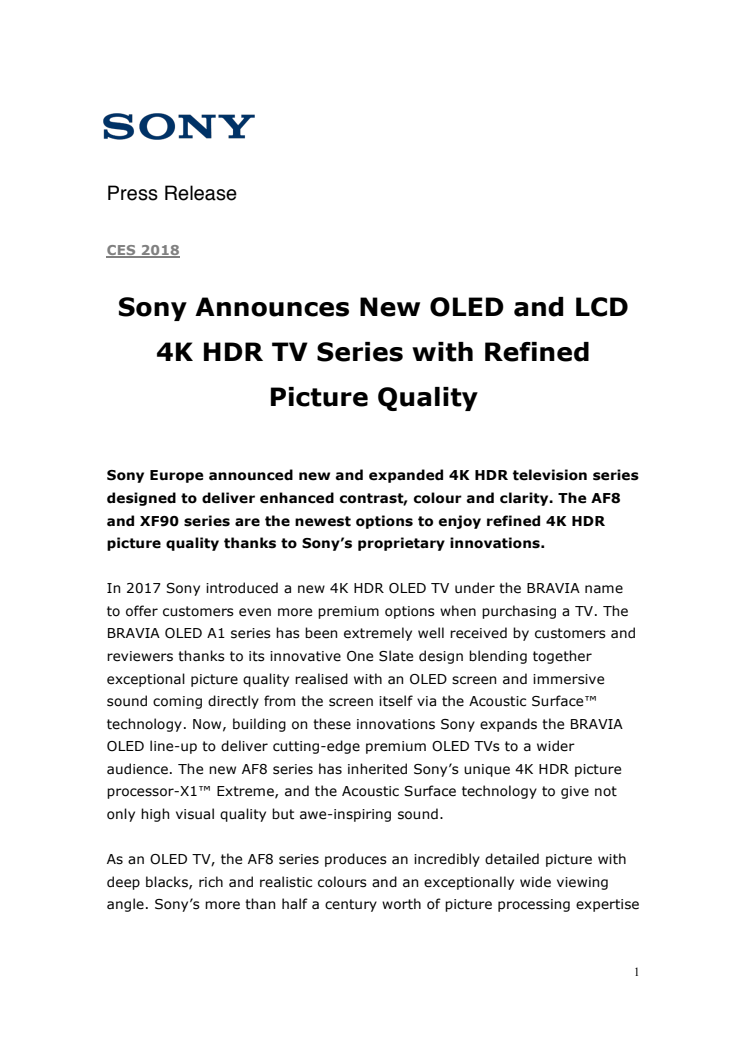 Sony viser frem årets nye OLED- og 4K HDR TV-er på CES