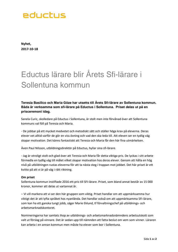 Eductus lärare blir Årets Sfi-lärare i Sollentuna kommun