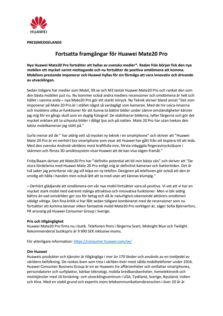 Fortsatta framgångar för Huawei Mate20 Pro