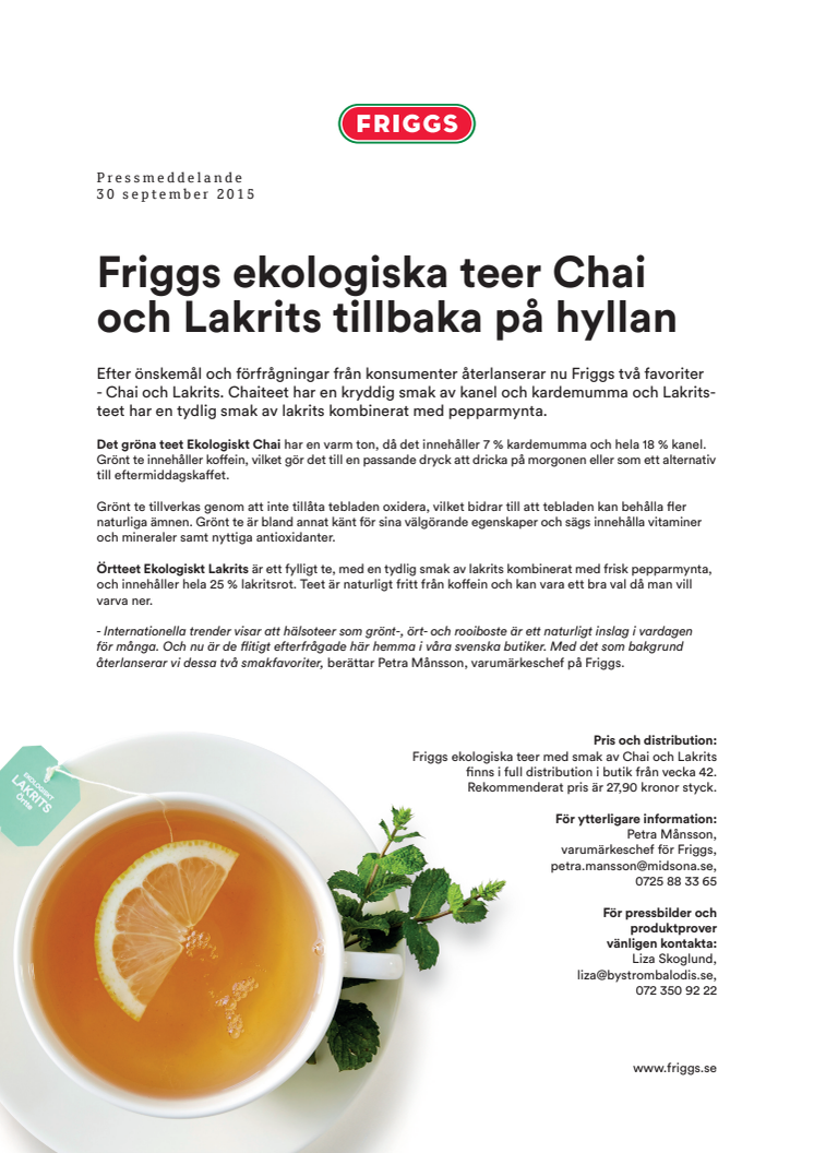 Friggs ekologiska teer Chai och Lakrits tillbaka på hyllan