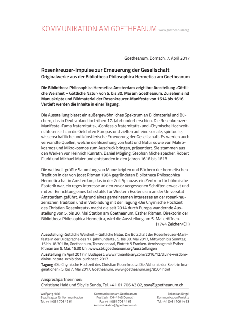 VORANKÜNDIGUNG Rosenkreuzer-Impulse zur Erneuerung der Gesellschaft. Originalwerke aus der Bibliotheca Philosophica Hermetica am Goetheanum