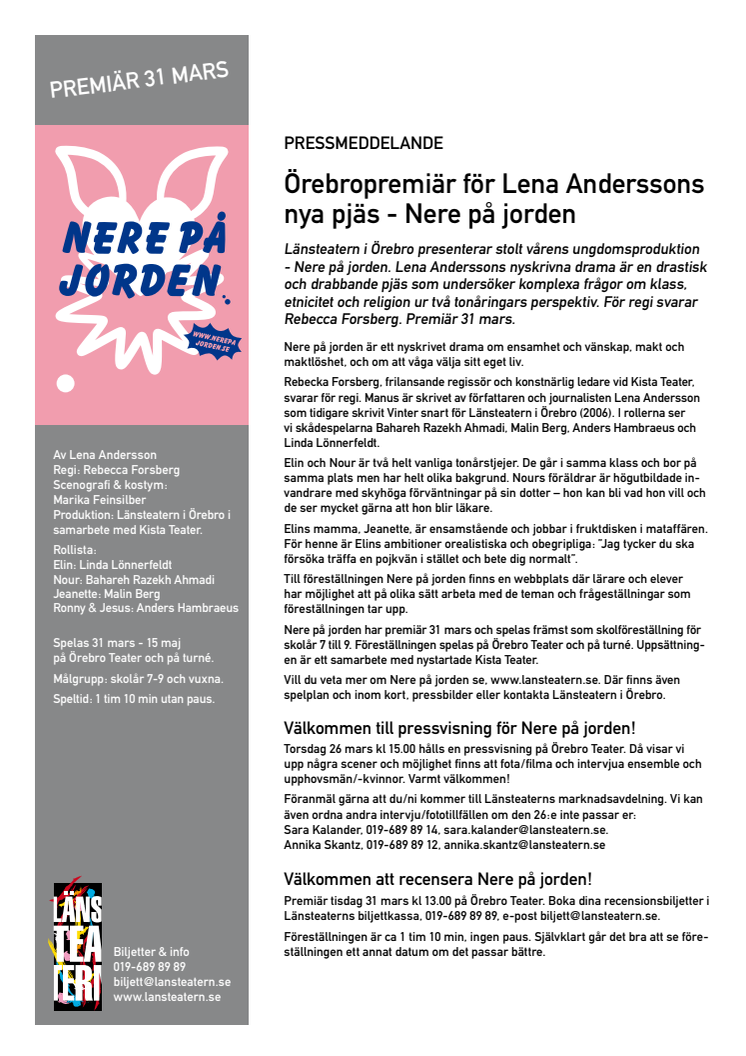 Örebropremiär för Lena Anderssons nya pjäs - Nere på jorden