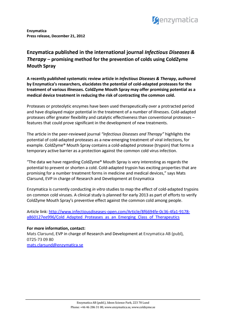 Enzymatica published in the international journal Infectious Diseases & Therapy – promising method for the prevention of colds using ColdZyme Mouth Spray