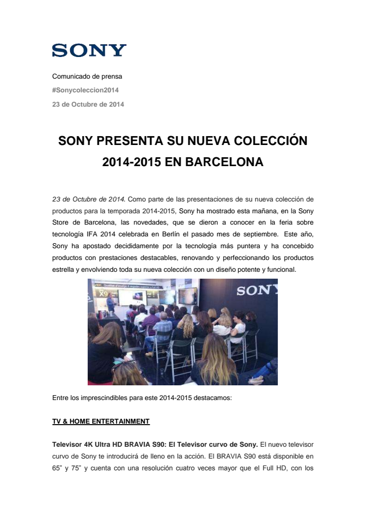 SONY PRESENTA SU NUEVA COLECCIÓN 2014-2015 EN BARCELONA