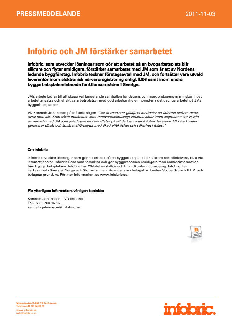 Infobric och JM förstärker samarbetet