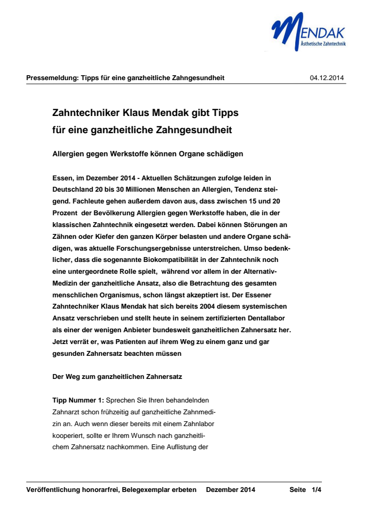 Zahntechniker Klaus Mendak gibt Tipps  für eine ganzheitliche Zahngesundheit: Allergien gegen Werkstoffe können Organe schädigen