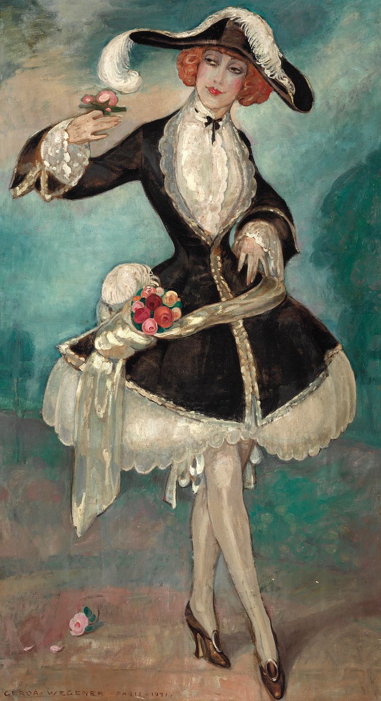 Gerda Wegener- "Le Chavalier de la Rose". Sign. Gerda Wegener, Paris, 1921. Olie på lærred. 138 x 76. Hammerslag- 380.000 DKK