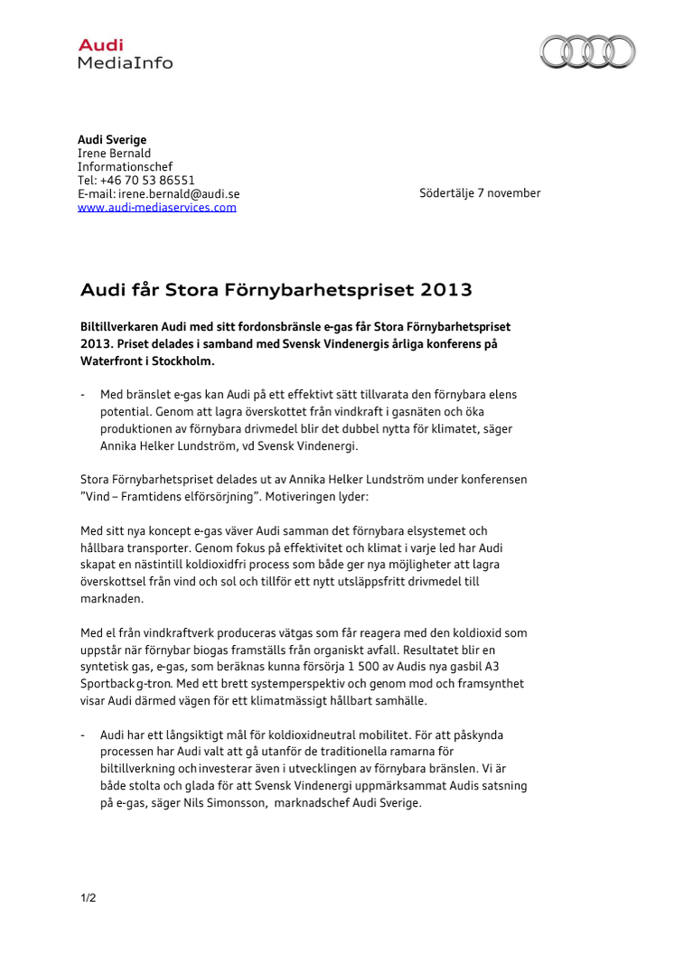 Audi får Stora Förnybarhetspriset 2013