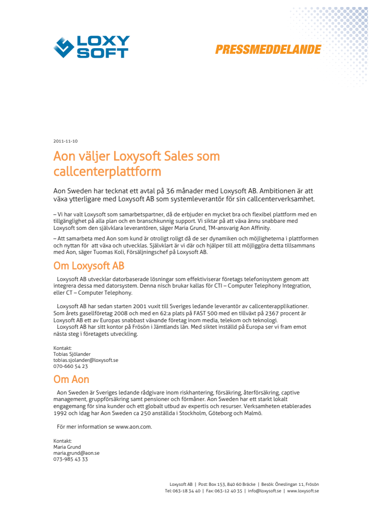 Aon väljer Loxysoft Sales som callcenterplattform