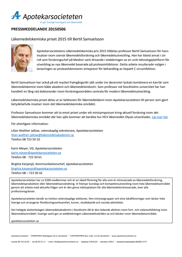 Läkemedelskemiska priset 2015 till Bertil Samuelsson