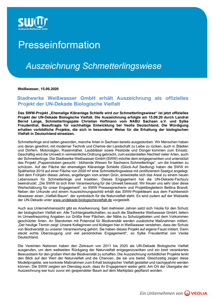 ​Stadtwerke Weißwasser erhalten Auszeichnung als offizielles Projekt der UN-Dekade Biologische Vielfalt