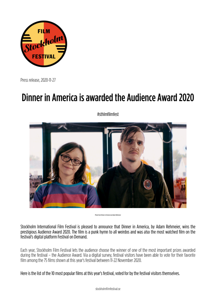 Dinner in America is awarded the Audience Award 2020