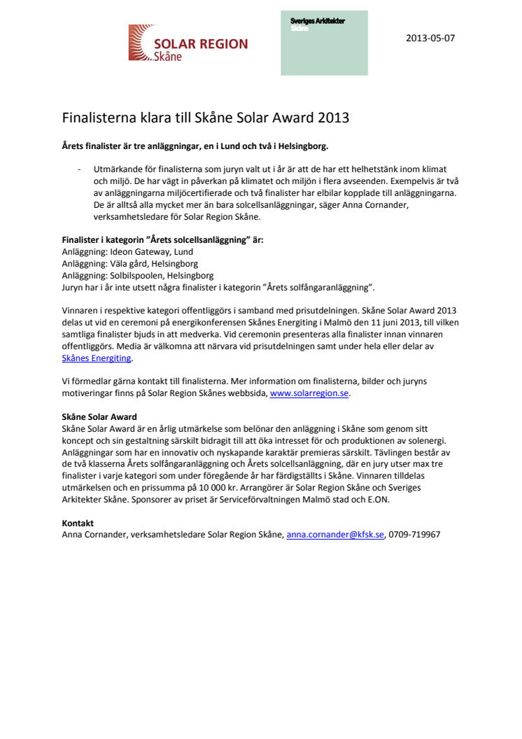 Finalisterna klara till Skåne Solar Award 2013 
